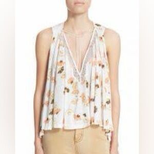 Free People Love Potion Floral V-Neck Blouse - White and Pink / Orange